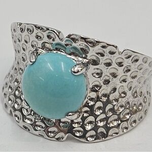 Sterling Silver Turquoise Ring Size 8 Hammered Band Statement Ring
